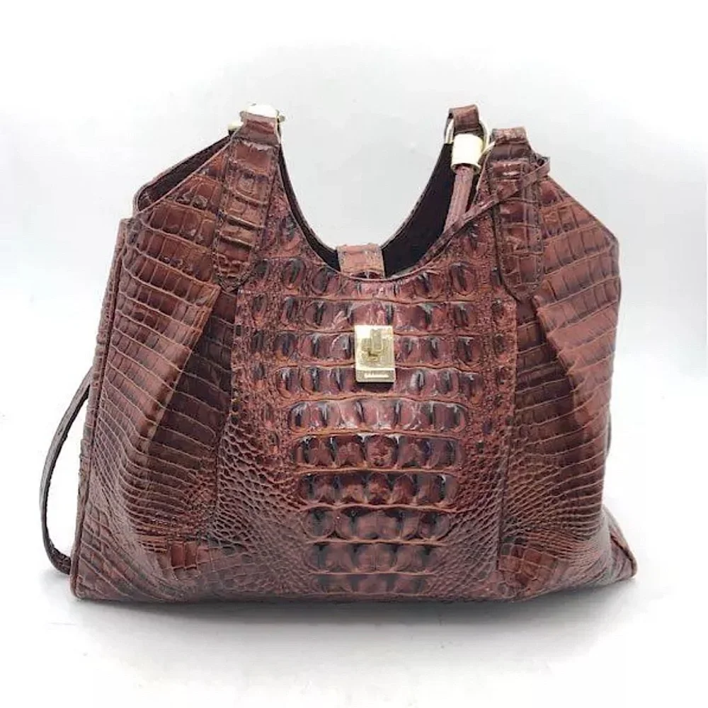 Brahmin Luxurious Brown Crocodile Skin Imprint Leather Elisa Handbag Purse 🌺🌺 - Picture 1 of 15